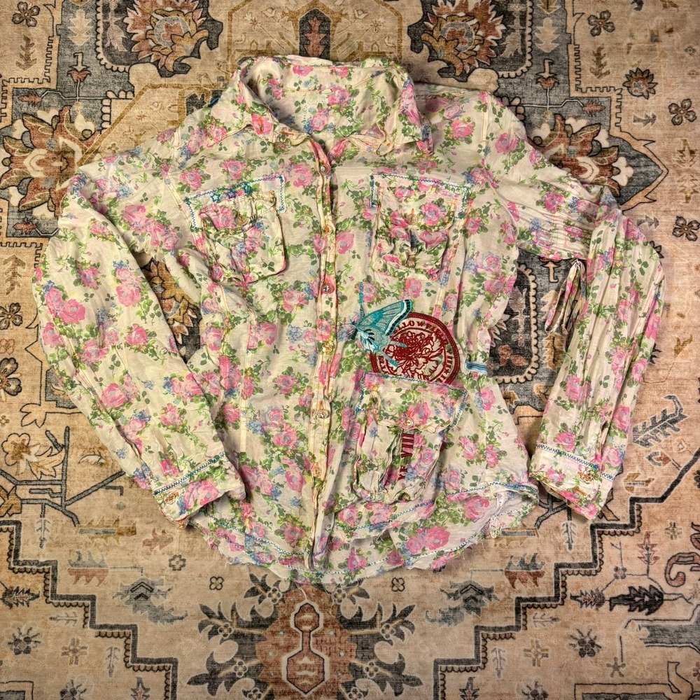 Johnny Was Yellowfield Series Limited Edition Butterfly Floral Button Down Top M